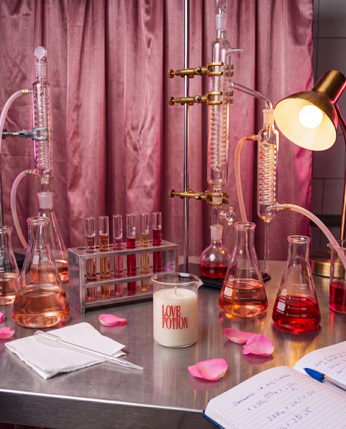 Vela de Massagem Love Potion em becker de vidro, ambientada em laboratório